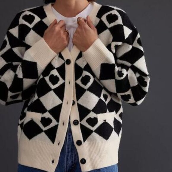 SAACHI Checkered Hearts Cropped  black Cardigan SWEATER SIZE  OS - Picture 1 of 7